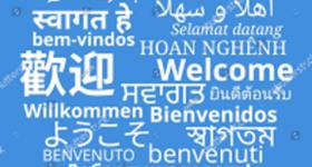 Blue background with the word welcome in multiple languages.
