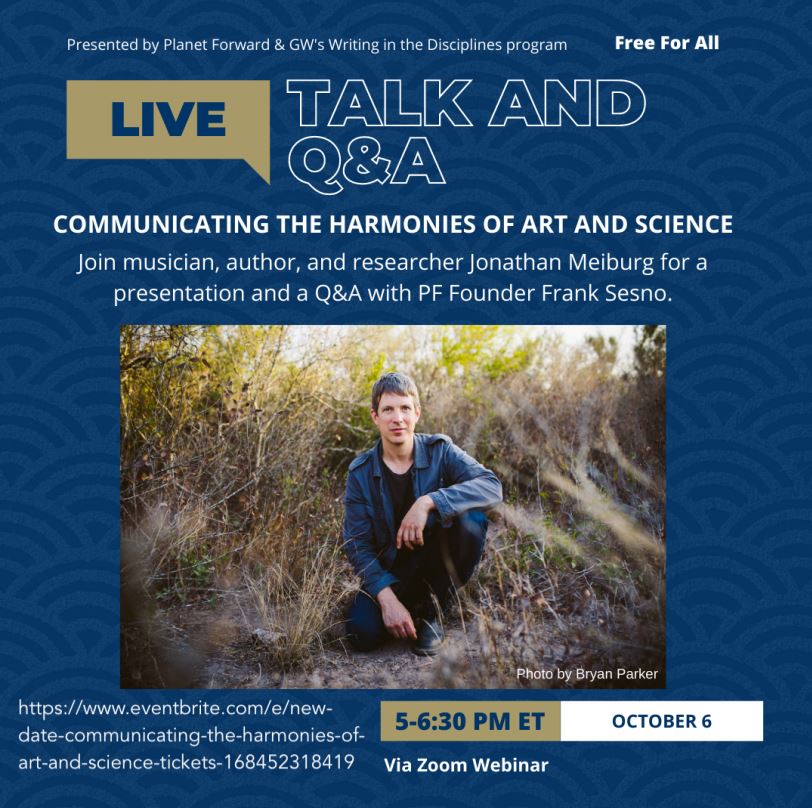 The speaker, Jonathan Meiburg, sits in a field. The text repeats the information listed in this event about where and when the event is.