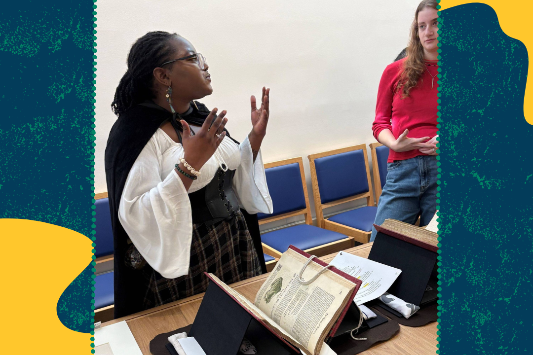 Woman dressed in Shakespearean period clothing talking to student.