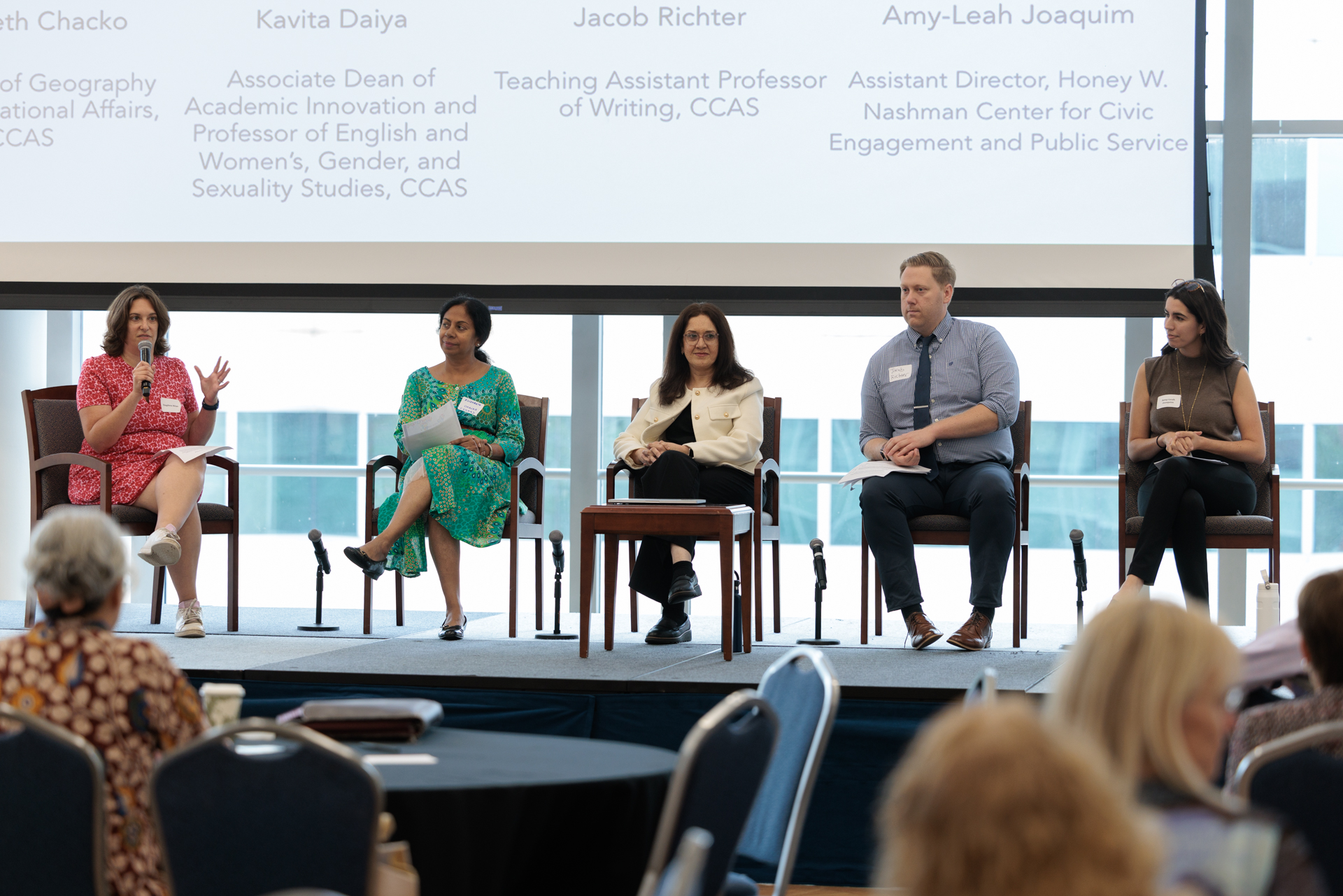 Panelists (from left, moderator Daphna Atias; Elizabeth Chacko; Kavita Daiya; Jacob Richter; and Amy-Leah Joaquim) shared tips for fostering student dialogue and supporting civic engagement. 