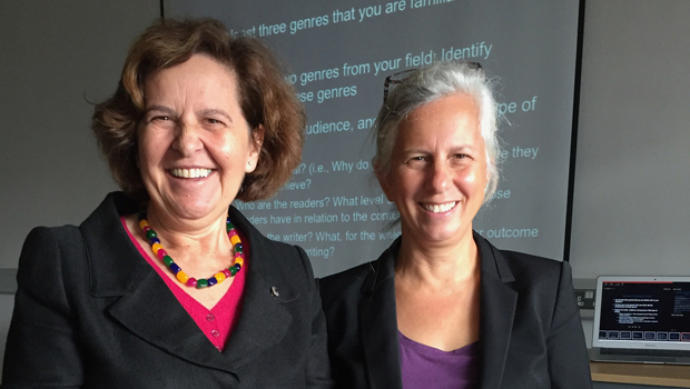 UWP Professor Rachel Riedner and her research partner Maria Jose Gonzolez smile after workshop
