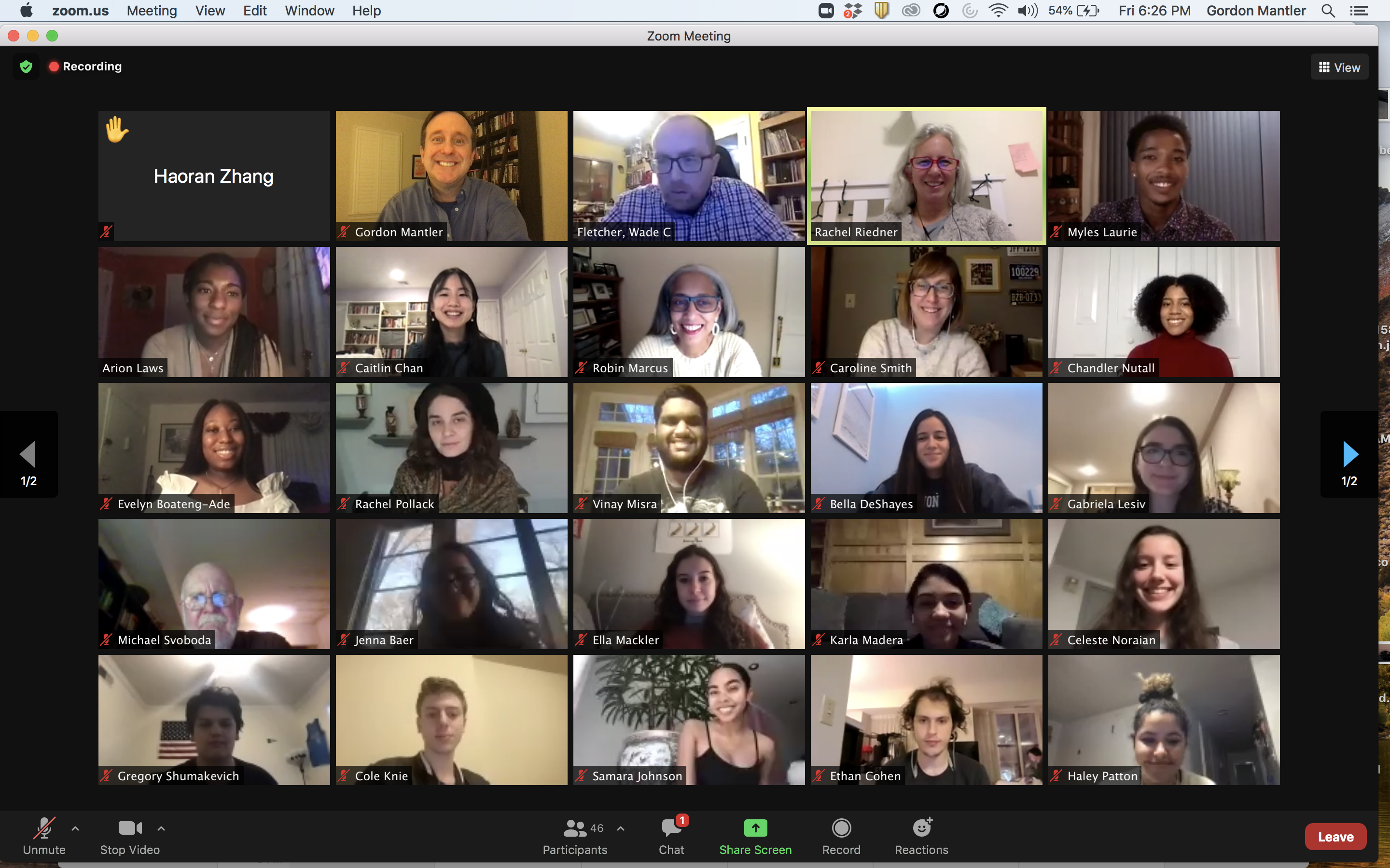 A screen capture of the Zoom screen during the alumni roundtable showing various faculty and former UWP students.