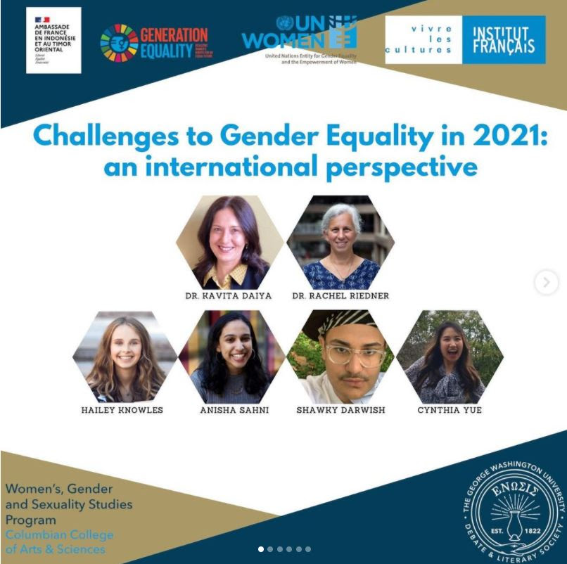 Challenges to Gender Equality virtual panel flyer showing participating speakers including UWP's Rachel Riedner