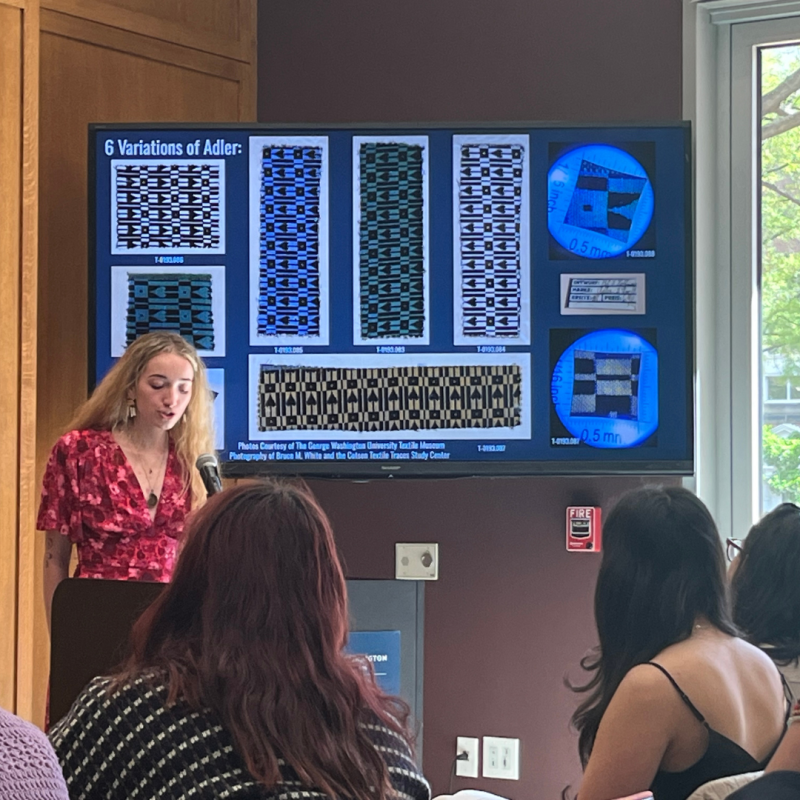 Abby Turner presents on Textile Research Day with her slideshow showing the Alder Textiles. 