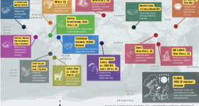 Global map showing locations discussed in article about culinary prestige and labor inequalities. Each location is highlighted with a culture name, time period, and short description.