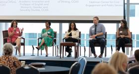 Panelists (from left, moderator Daphna Atias; Elizabeth Chacko; Kavita Daiya; Jacob Richter; and Amy-Leah Joaquim) shared tips for fostering student dialogue and supporting civic engagement. 